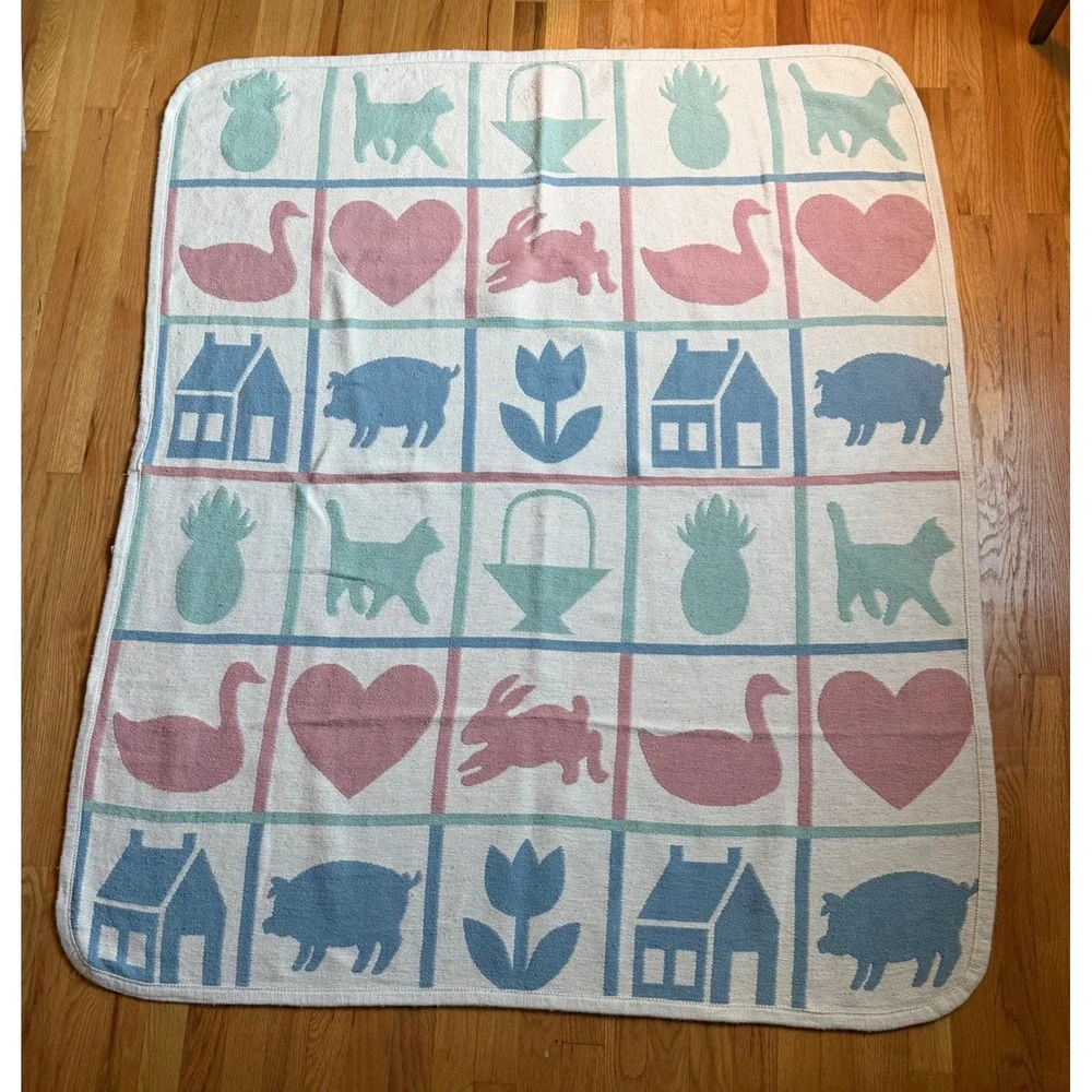 VTG Pastel Farm Animal Woven Cotton Throw Blanket Pink Blue Cottagecore 52x60
